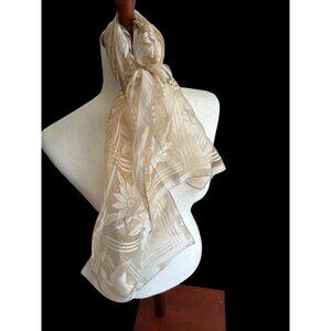 Vintage Sheer Nylon Floral Beige Lightweight Rectangle Neck Scarf Elwin - Japan